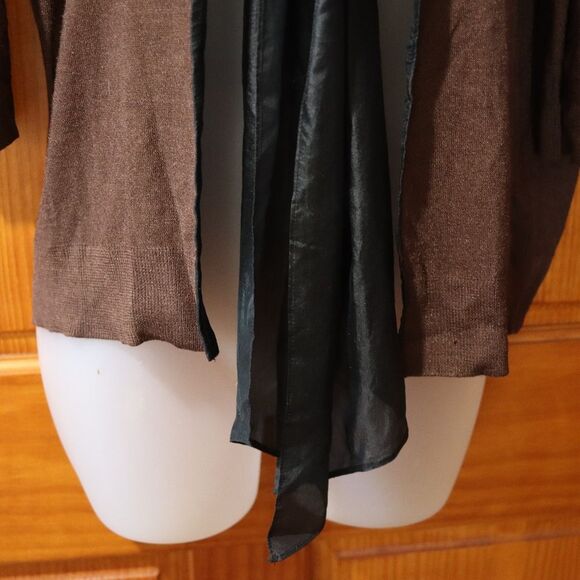 DKNY Brown & Black Silk Cardigan Bolero Wrap Sweater M/L Pussycat Bow Tie Front - Picture 8 of 12